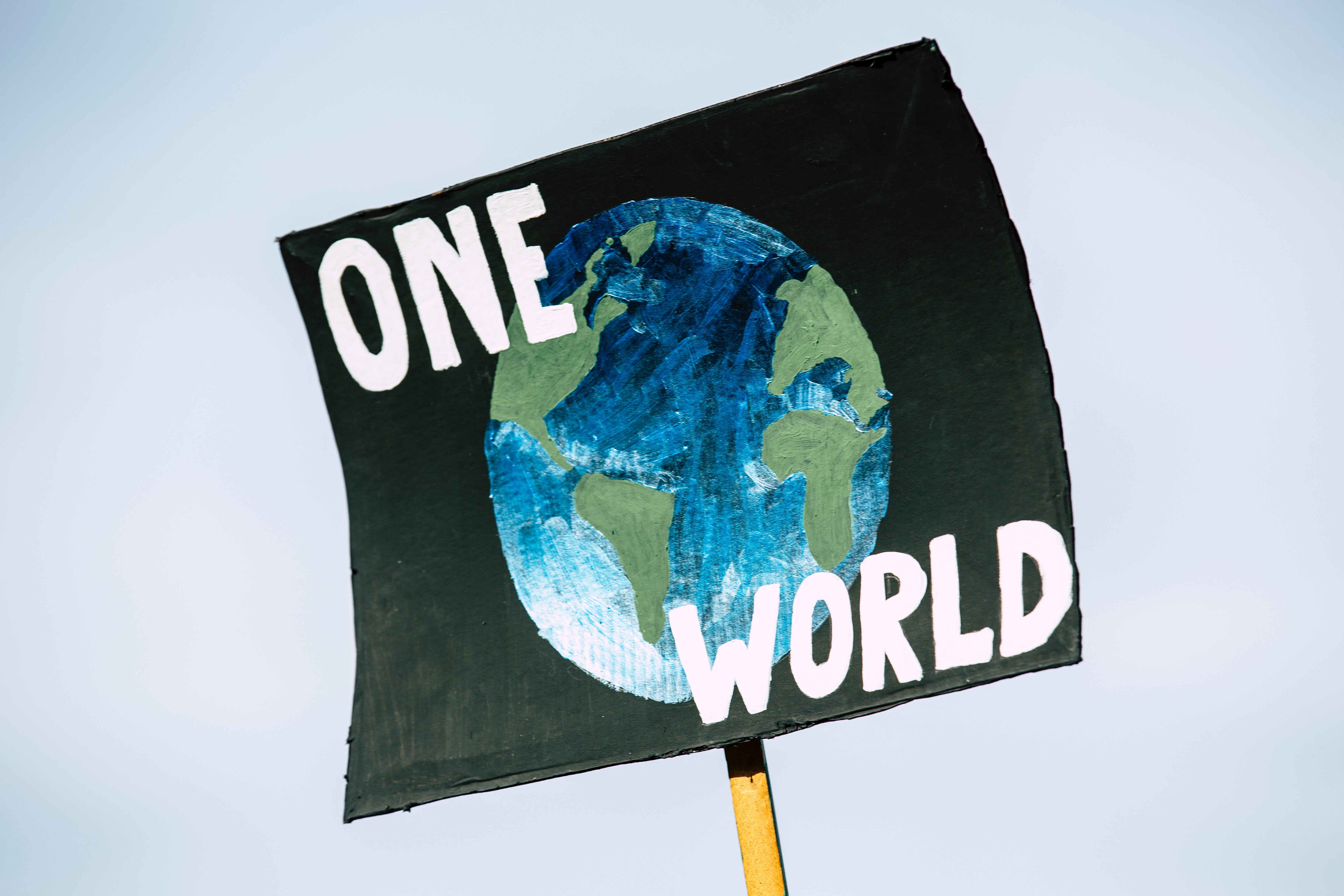 A black protester poster with the words One world in white and an earth painted on it. THe background is the blue sky.