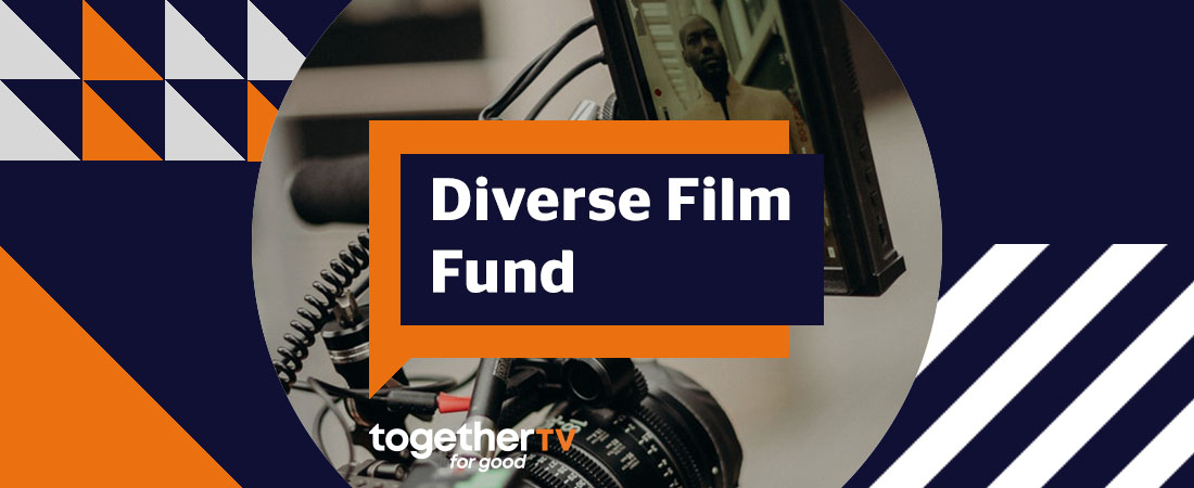 Diverse Film Fund 2021 banner logo with geometric shapes and a photo of a film camera
