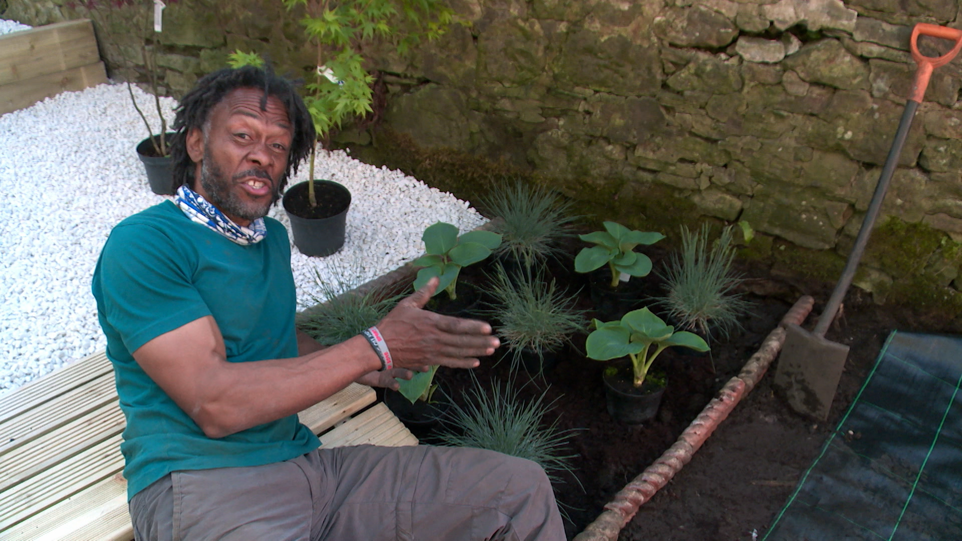 Danny Clarke lying on decking in a turquoise tshirt pointing to freshly planted shrubs in a patch. Behind him is white gravel and two potted plants. On the right is a brick wall.