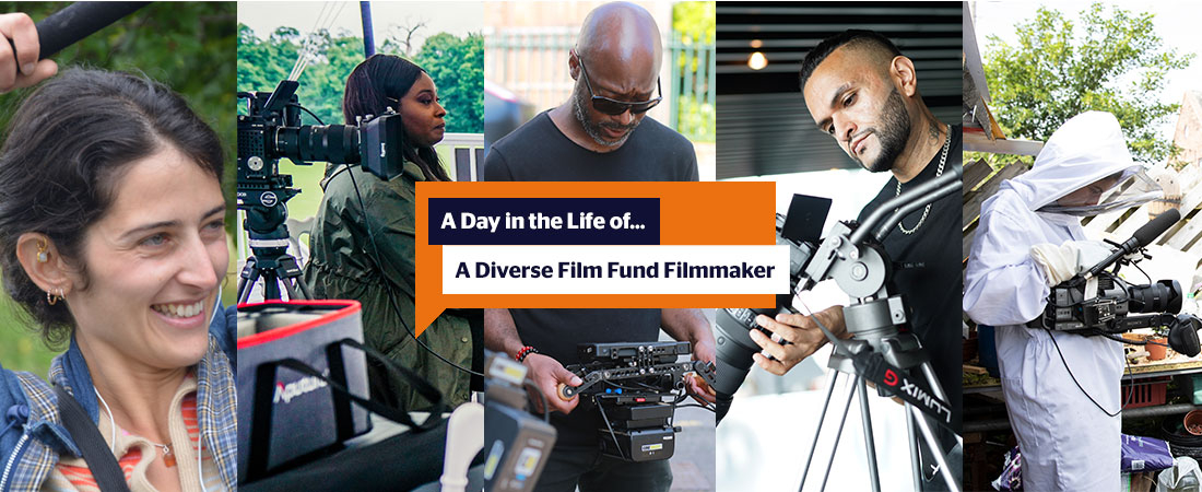 The header image for the "day in the life" blog post. Featuring various photos of our filmmakers behind hte scens shooting their films holding cameras and boom mic.